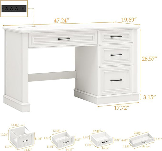 Farmhouse 47" Executive Desk, Computer Desk with Drawers and File Drawer, Workstation Computer Desk with Charging Station for Home Office,Study,（Cream White）