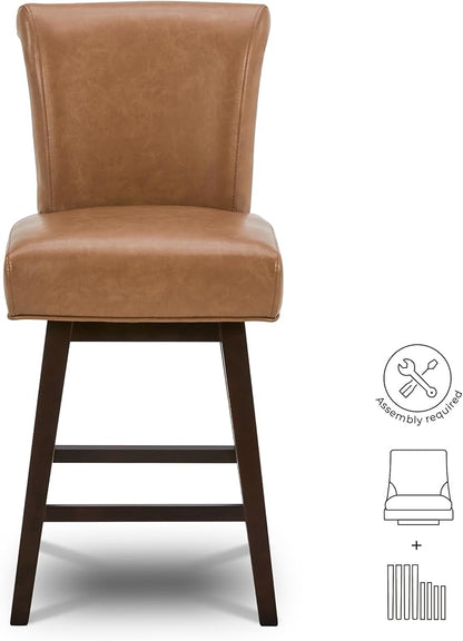 CHITA 26 Inch Counter Height Swivel Bar Stools Set of 2, FSC Certified Modern Upholstered Faux Leather Swivel Barstool Chair with Back, Saddle Brown