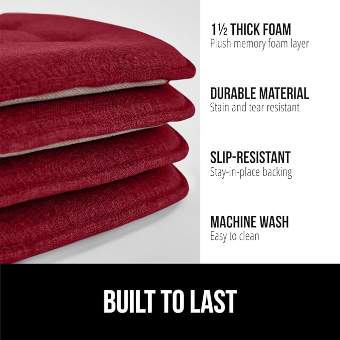 GORILLA GRIP Slip Resistant Tufted Chair Cushions, No Ties Required, Set of 6 Memory Foam Pads for Dining Room Kitchen Table, Office, Rocking Chairs, Plush Seat Cushion Pad, Home Decor, 16x17, Wine