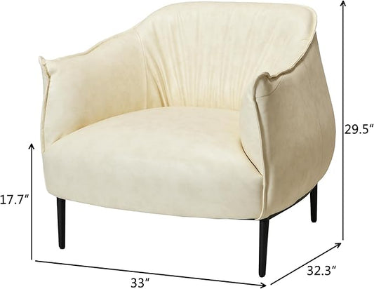 KINWELL 33" W Faux Leather Barrel Chairs Set of 2 with Hand-Tufted Pleated Back Flared Arms, Modern PU Upholstered Accent Chairs with Metal Legs, Large Armchairs Lounge Chairs for Living Room, Cream