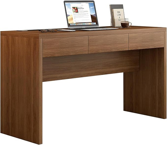55-Inch Office Desk with Pull-Out Outlet, Computer Desk with 3 Sturdy Drawers, Writing/Gaming/Work/Study Desk for Bedroom, Living Room & Home Office, Brow (Brown, 55)