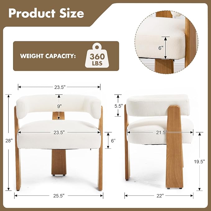 Upholstered White Velvet Dining Chairs Set of 2, Boho Modern Barrel Accent Armchairs, Thick Padded Seat & Natural Wooden Legs, Mid Century Inspired Kitchen/Dining Room Chairs, Creamy White