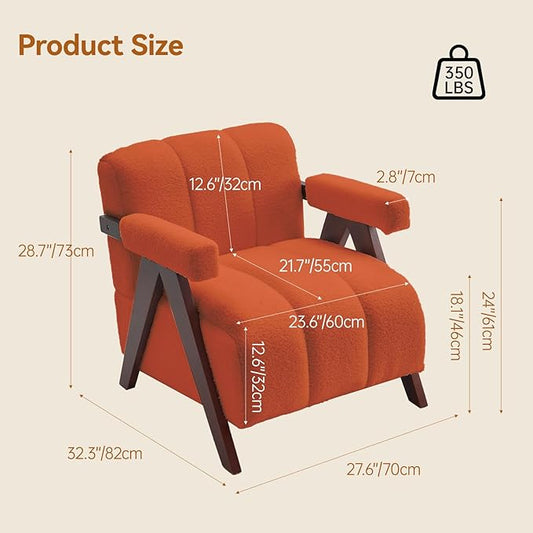 Accent Chair Mid-Century Modern with Wide Backrest for Bedroom, Upholstered Living Room Chair with Wooden, Lounge Armchair with Thick Cushion, Cute Teddy Comfy Chair, Orange