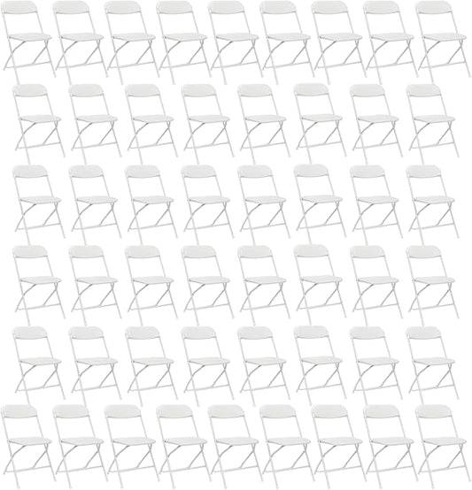 50 Pack White Plastic Folding Chairs, Portable Party Chairs, Stackable Commercial Seats with Steel Frame for Home Office Wedding Party Indoor Outdoor Events Chairs, 350lbs Capacity