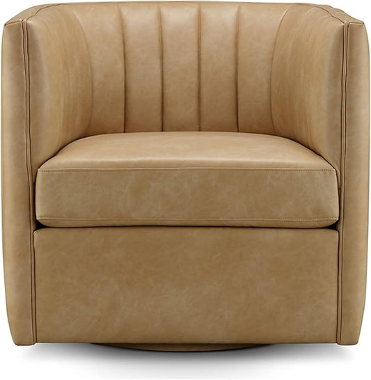 CHERS Rivet Mid-Century Modern Swivel Armchair, Channel-Tufted Faux Leather Accent Chair, 360-Degree Rotating Lounge Chair with Ergonomic Design for Living Room, Bedroom, Home Theater, Nude