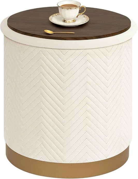 B FSOBEIIALEO Ottoman with Stroage, Round Velvet Storage Ottoman with Gold Plating Base,Foot Rest Stool for Dorm Room, Living Room White, 16.73"x16.73"x17.72"