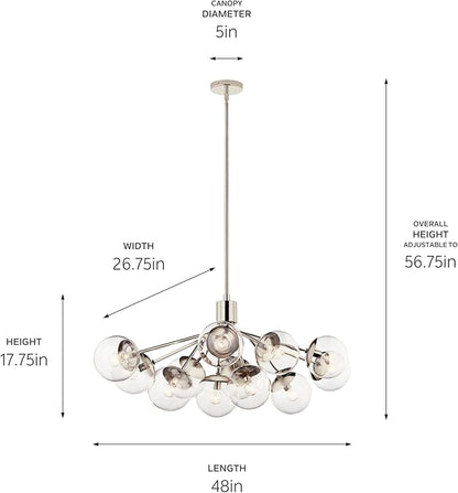 KICHLER Silvarious 12-Light Linear Convertible Chandelier, Soft Modern Light with Clear Glass in Polished Nickel, for Dining Room or Living Room (17.75" x 26.75" x 48"), 52703PNCLR