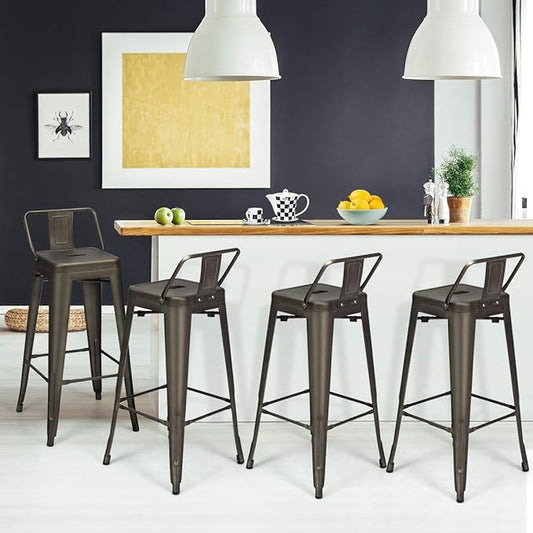 COSTWAY Metal Bar stools Set of 4, with Removable Back, 30'' Bar Height Stools with Rubber Feet, Stylish and Modern Chairs, for Kitchen, Dining Rooms, and Side Bar (Gun, 30'')