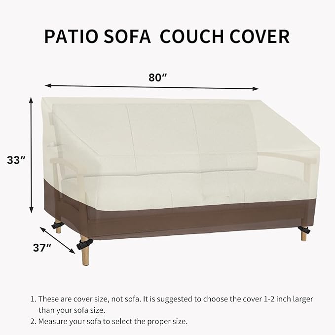 Easy-Going Waterproof Outdoor Couch Cover, Heavy Duty 3-Seater Patio Sofa Cover, Winchdproof Outdoor Furniture Cover with Air Vent (80Wx37Dx33H inch, Beige/Dark Brown)