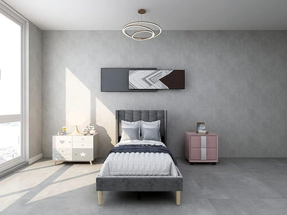 Low Profile Upholstered Platform Bed,Twin Beds with Dark-Grey(Velvet)
