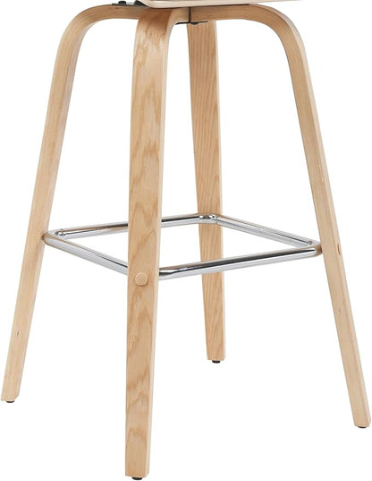 Vienna Modern Swivel Bar Height Stool with White Faux Leather Seat and Patterned Oak Wood Frame Set of 4