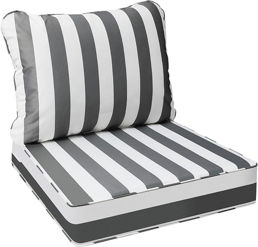 AAAAAcessories Outdoor Deep Seat Cushions, Waterproof, Fade-Resistant Patio Furniture Replacement Cushions, 23.5" x 25.5" x 5" + 23.5" x 19", Gray Cabana Stripe
