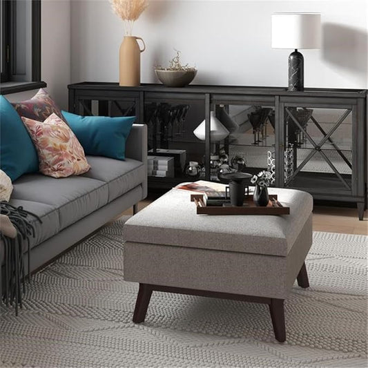 SIMPLIHOME Owen 34 inch Wide Mid Century Modern Rectangle Coffee Table Storage Ottoman in Cloud Grey Polyester Fabric, Assembled, For the Living Room, Entryway and Family Room