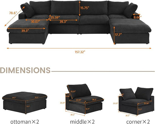 Cloud Couch Modular Sectional Sofa,160.6" Down Filled Sofa with Storage Ottoman,Modern U Shaped Couch 6 Seater, Black Convertible Sectional Sofa for Living Room,Covers Removable & Washable