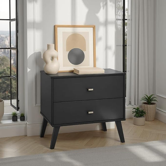 Prepac Milo Mid-Century Modern 2 Drawer Nightstand, Bedside Table, Contemporary Bedroom Furniture, 16"D x 25"W x 25"H, Black