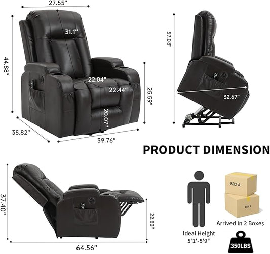 PELUMY Manual Lift Recliner Chair for Elderly with Massage & Heat, Oversized Heavy Duty 350 lbs Recliner with Cup Holders & USB Ports, Infinite Positioning Lift Chair (Breathable Leather, Dark Brown)