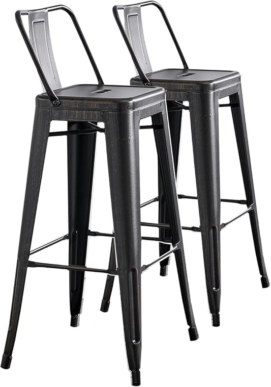 AC Pacific 30” Metal Barstool Set of 2 – Country Rustic Style with Low Back, Lightweight & Sturdy Build, Easy Assembly – Distressed Black