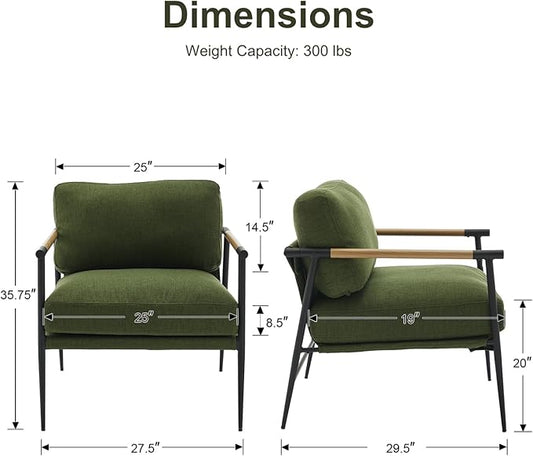 HEAH-YO Modern Accent Chairs Set of 2, Upholstered Linen Fabric Living Room Chairs with Backrests and Metal Legs, Comfy Reading Side Armchairs for Bedroom, Green