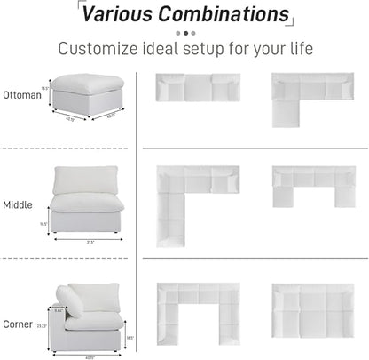Cloud Couch Modular Sectional Sofa with Storage Ottoman,160.6" L Shaped Couch for Living Room,Down Filled 5 Seater White Convertible Sectional Sofas,Covers Washable&Replaceable