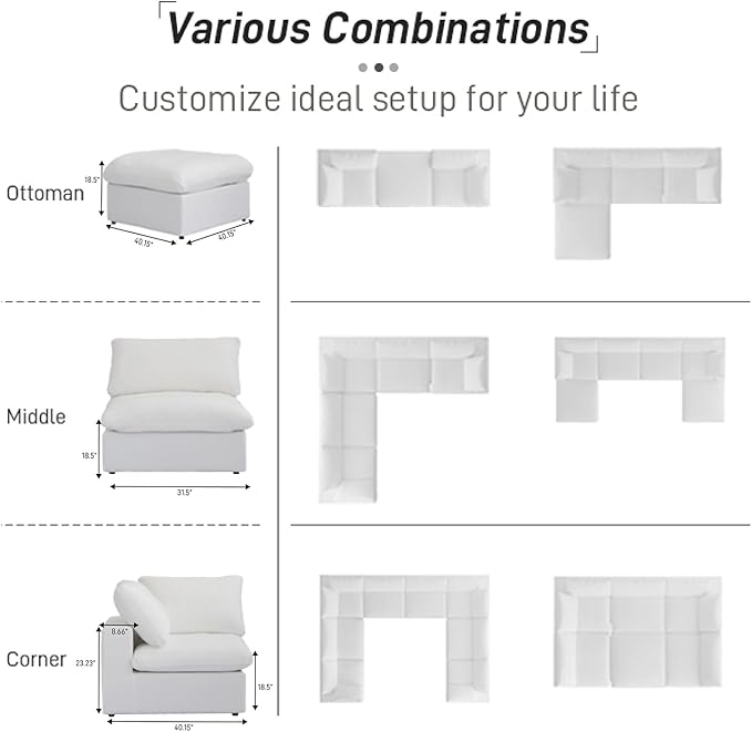Cloud Modular Sectional Sofa with Storage Ottoman,120.45" L Shaped Couch for Living Room,Down Filled Convertible Couch Deep Seat for Office Apartment,Covers Washable&Replaceable,White