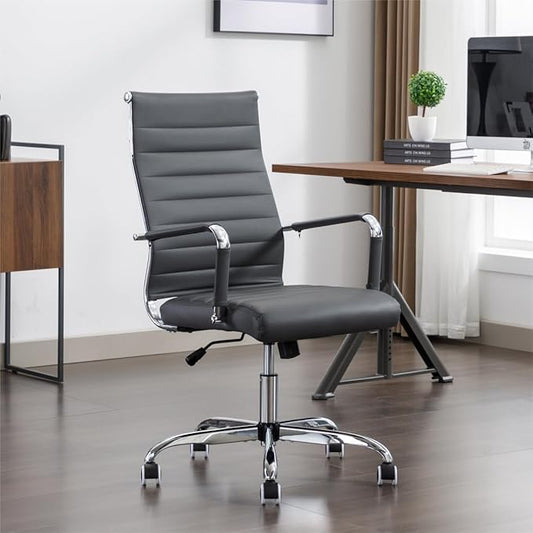 Office Desk Chair Leather, Conference Room Chairs with Wheels, Executive Modern High Back Ergonomic Swivel Rolling Ribbed Computer Chair