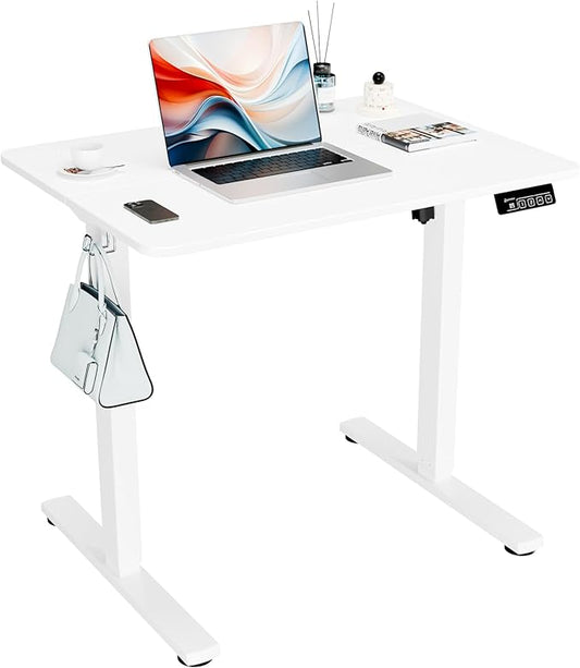 ERGOMAKER Electric Standing Desk, 31.5" x 23.6" Height Adjustable Sit Stand Desk with Splice Board for Home Office, Computer Desk Memory Preset (White Frame, White Desktop)