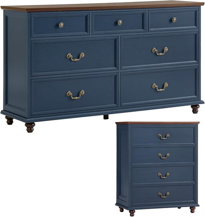 Bedroom Sets, 54" Wide 7 Drawers Dresser and 37" Tall 4 Drawers Dresser, Wooden 2 Piece Bedroom Furniture Set, Chest of Drawer for Bedroom, Home, Living Room, Hallway, Navy Blue