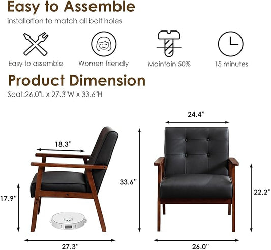 STHOUYN Black Leather Accent Chair for Office, Waiting Room Lobby Chair with Wooden Arms, Mid Century Modern Small Armchair Living Room Sofa Set (Black (Chair))