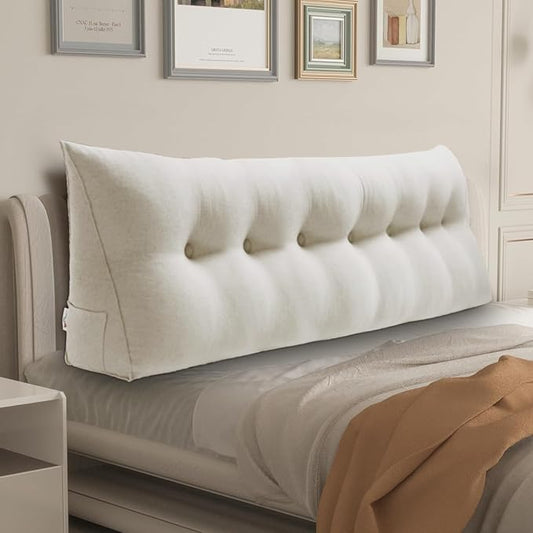 WOWMAX Headboard Wedge Pillow King Triangular Headboard Pillow Bed Wedge Pillow for Headboard Wedge Pillow Headboard for Daybed Large Bolster Pillow for Bed, 85% Linen 15% Cotton Blend, Pure White