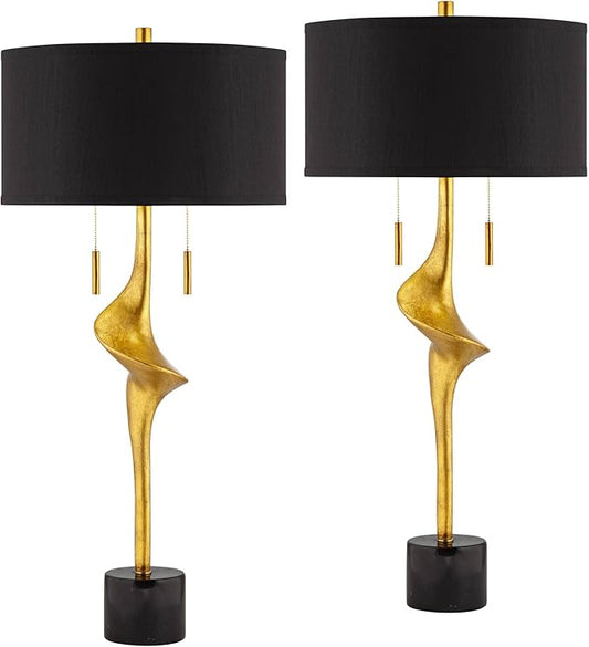 Possini Euro Design Athena 35 1/2" Tall Large Modern Glam End Table Lamps Set of 2 Pull Chain Sculptural Gold Leaf Living Room Bedroom Bedside Nightstand House Office Home Reading Kitchen Entryway