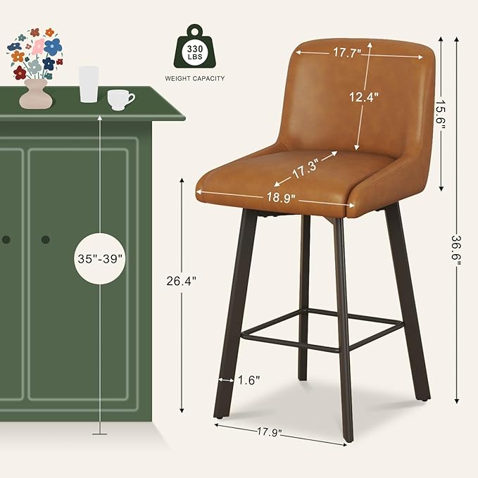 Swivel Counter Height Bar Stools Set of 2, 26''H Upholstered Barstools with Backs, Modern Bar Stool Chairs for Kitchen Island, Metal Legs, Faux Leather, Whiskey Brown Stools Counter Chair