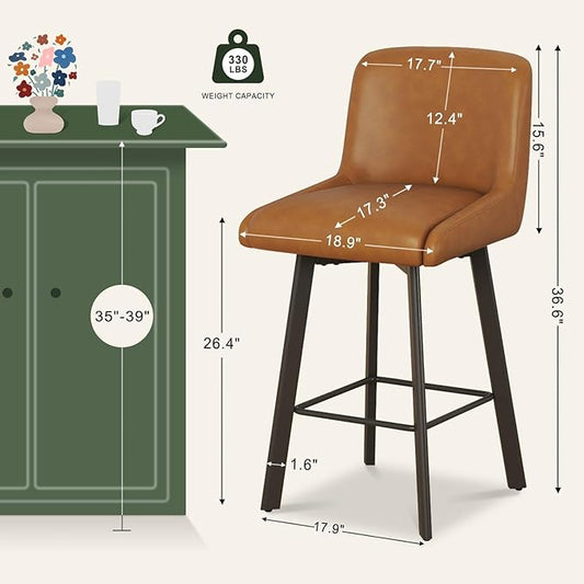 Swivel Counter Height Bar Stools Set of 2, 26''H Upholstered Barstools with Backs, Modern Bar Stool Chairs for Kitchen Island, Metal Legs, Faux Leather, Whiskey Brown Stools Counter Chair