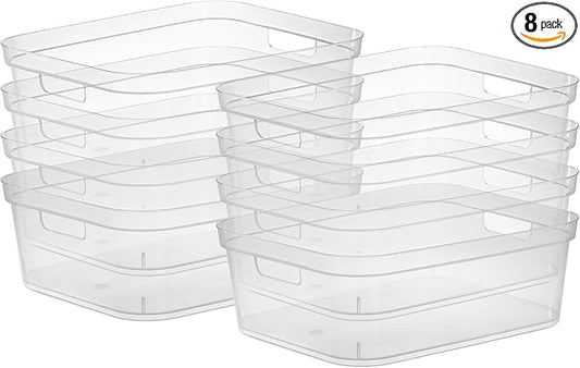 Sterilite 5.25 x 12.25 x 15 Inch Medium Modern Storage Bin w/Comfortable Carry Through Handles & Banded Rim for Household Organization, Clear 8 Pack