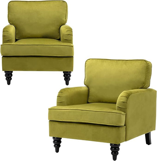 Velvet Upholstered Accent Chairs Set of 2 Modern Single Sofa Chair with Thick Removable Back Cushion and Black Printed Legs Armchair for Living Room/Bedroom/Reading, Olive Green