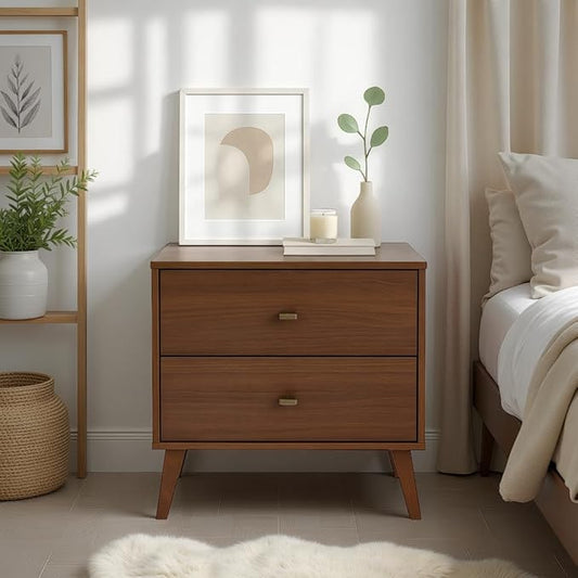 Prepac Milo Mid-Century Modern 2 Drawer Nightstand, Bedside Table, Contemporary Bedroom Furniture, 16"D x 25"W x 25"H, Cherry