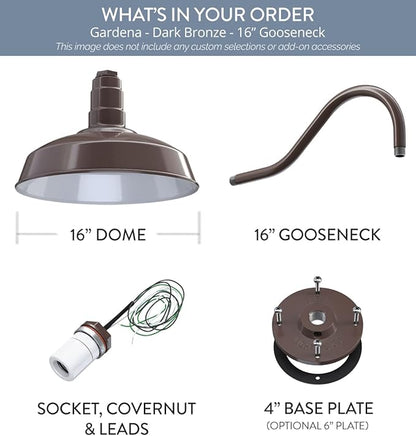 Steel Lighting Co. Gardena Barn Light | Outdoor Wall Mounted | 16" Dome | 16" Gooseneck | Farmhouse Light Made in America | Dark Bronze Exterior/White Interior