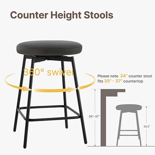 Swivel Bar Stools Set of 6, 24" Counter Height Bar Stool, Backless Barstools with Faux Leather Upholstered Seat&Sturdy Wood Legs for Kitchen Island, Black