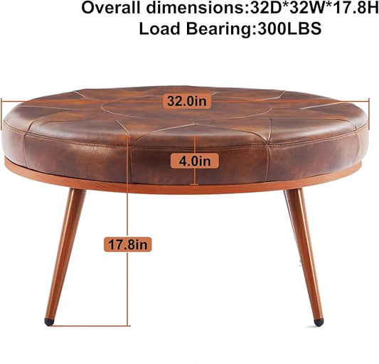 Round Ottoman Coffee Table, Large Faux Leather Cushioned Footstool Ottoman,Stationary Ottomans, Backless Chair, Footrest for Living Room, Bedroom, Padded Seat, Brown