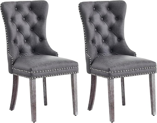 Leather Dining Chair Set of 2, Dining Room Chairs with Nailhead Ring Pull Trim, Upholstered Dining Chairs with Solid Wood Legs for Kitchen Dining Room (Grey)