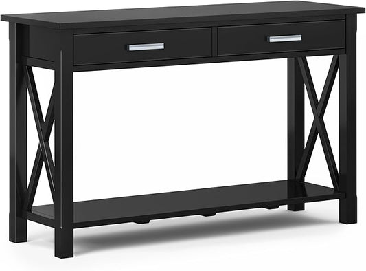 SIMPLIHOME Kitchener Console Table - 47 Inch Wide Solid Wood Sofa Table in Black, Contemporary Storage Table for Entryway or Living Room with 2 Drawers, Bottom Shelf, and X-Design Side Panels