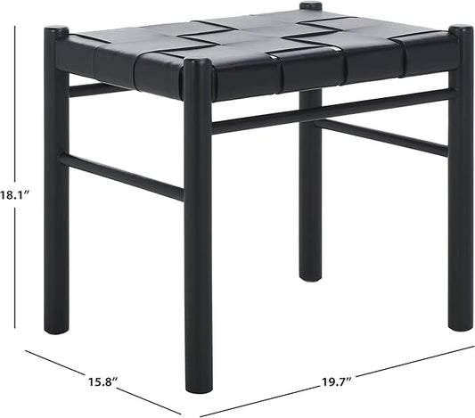 SAFAVIEH Couture Collection Devnie Black Woven Leather & Black Solid Wood Ottoman (Fully Assembled)