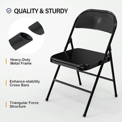 VINGLI Folding Chairs All Steel Metal Frame, Capacity 350 lbs, Durable Portable and Versatile for Indoor Outdoor Use, Black, Set of 4