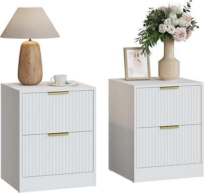 3-Piece Modern Bedroom Furniture Set, Wide 7-Drawer Dresser & 2-Drawer Nightstands Set of 2, Natural Wood Dresser and Nightstand Sets for Bedroom, Hallway, White