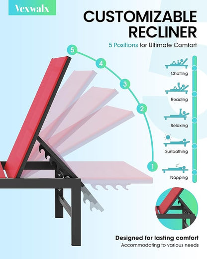 Outdoor Lounge Chairs for Pool, Aluminum Chaise Lounge Chairs with 5-Position Recliner, Patio Lounge Chair for Backyard, Poolside, Deck, Lawn, Red
