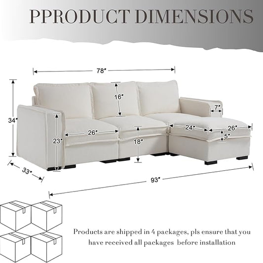 Modern Sectional Sofa for Living Room, Upholstered 3-Seater Modular Couches Linen Fabric L-Shaped Sofa with Ottoman for Home Furniture, White