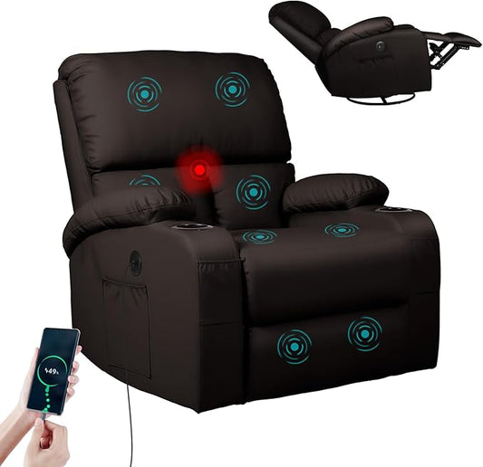 LEVELEVE Rocking Recliner Chair, Massage Rocker Recliner Chair with Vibration Massage and Heat, USB and Type-C Ports,360° Swivel Faux Leather Chairs, Living Room, Bedroom, Nursery, RV, Brown