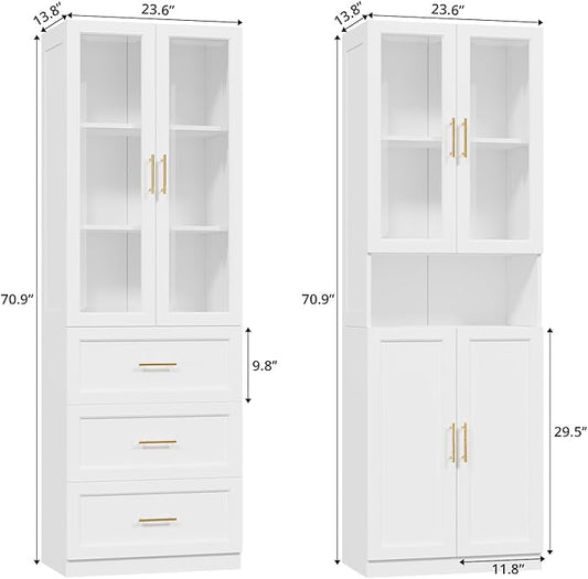 VOWNER Bookcase with Glass Doors & Drawers, 5 Tier Bookshelf with Adjustable Shelf, Modern Large Storage Display Cabinet Set for Home Office, Living Room, White (BDDB)