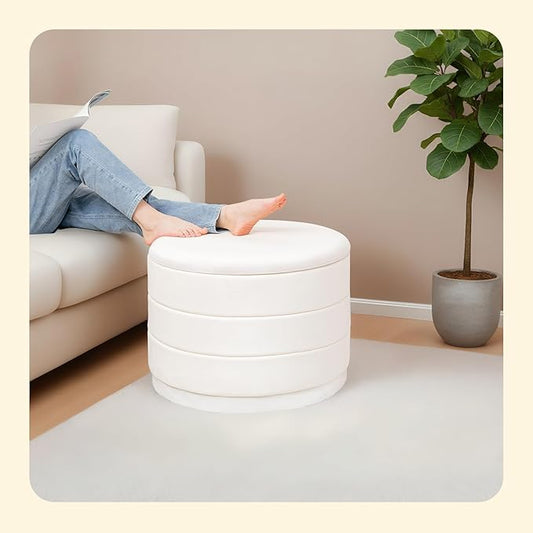 PINPLUS Large Round Velvet Storage Ottoman, White Upholstered Footstool with Hidden Storage, Sturdy Coffee Table Ottoman for Living Room & Bedroom
