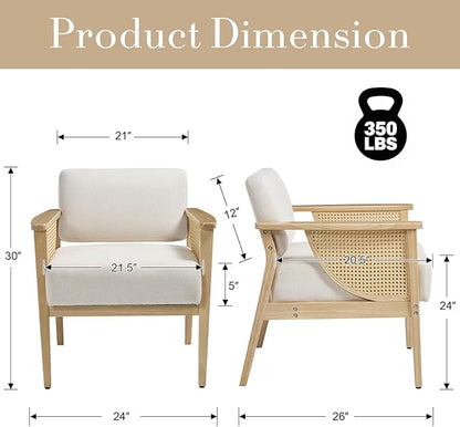 Mid Century Modern Accent Chair Set of 2, Rattan Armchair with Wood Legs Living Room Chair Linen Upholstered Lounge Chair for Bedroom Reading Room, Beige