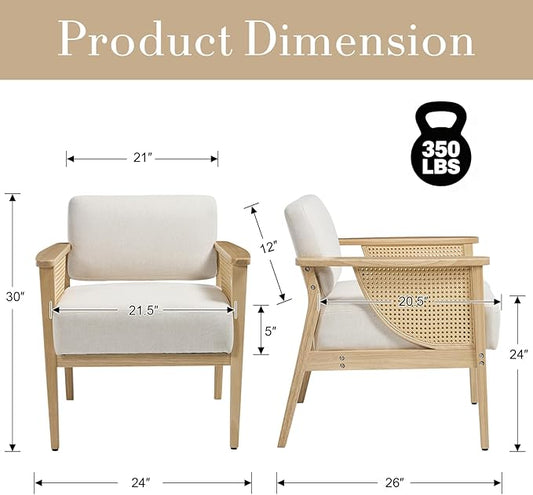 Mid Century Modern Accent Chair Set of 2, Rattan Armchair with Wood Legs Living Room Chair Linen Upholstered Lounge Chair for Bedroom Reading Room, Beige
